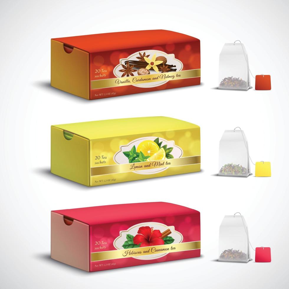 Tea Bags Packaging Realistic Set Vector Illustration