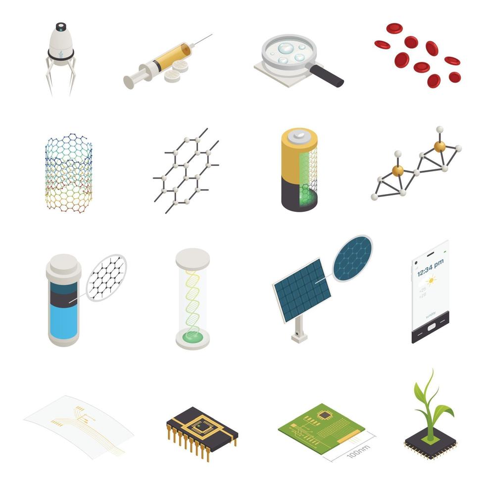 Nanotechnology Nanoscience Isometric Elements Collection Vector Illustration