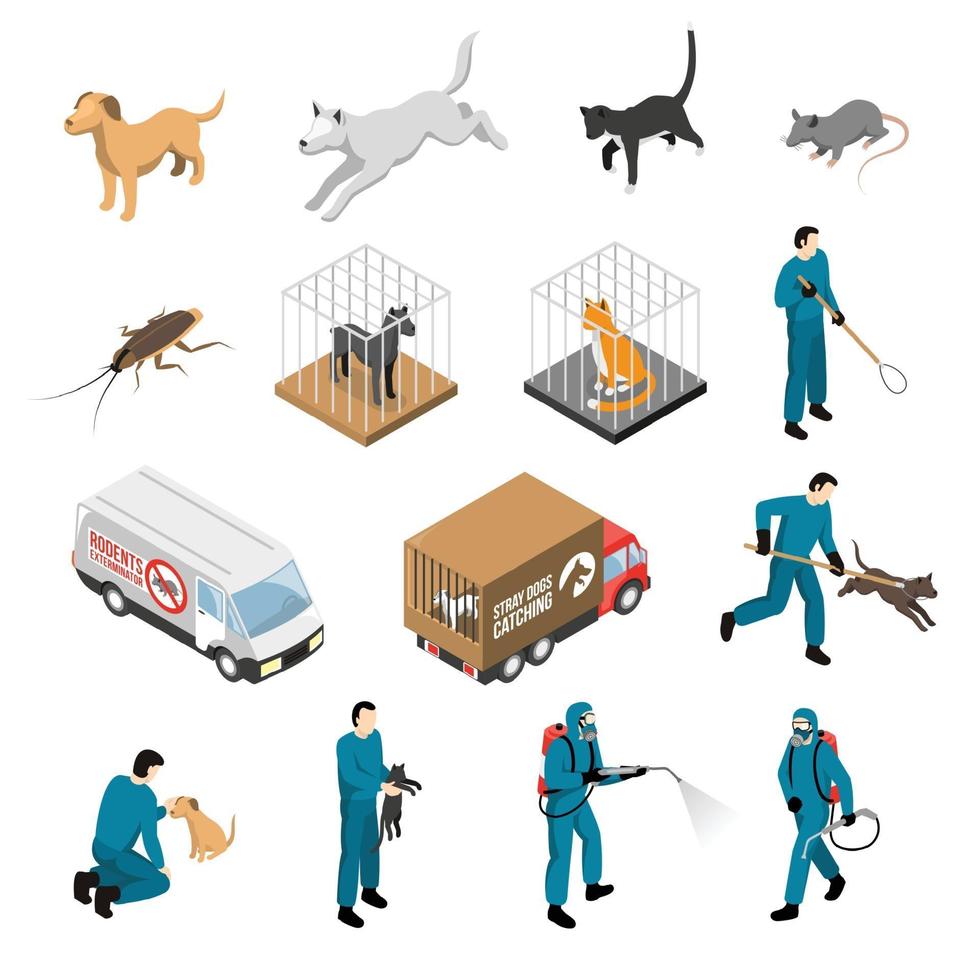 Animal Control Service Isometric Set Vector Illustration