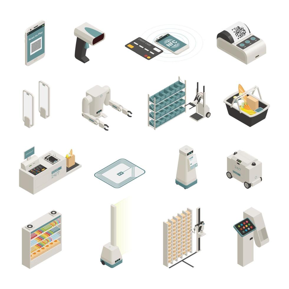 Iconos isométricos de tecnologías de compras establecen ilustración vectorial vector