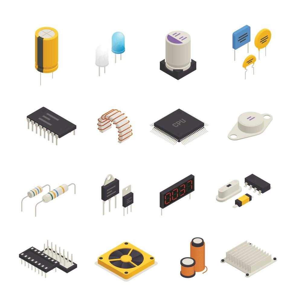 Ilustración de vector de conjunto isométrico de componentes electrónicos semiconductores