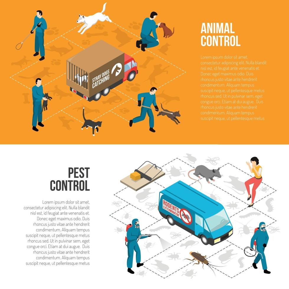 Ilustración de vector de banners horizontales isométricos de control de animales