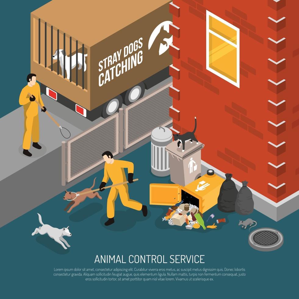 Ilustración de vector de cartel isométrico de servicio de control de animales