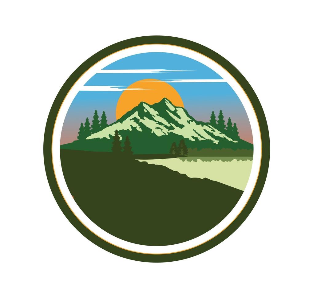 Mountain landscape with trees, sky, sun, pine, spruces, ocean design illustration vector