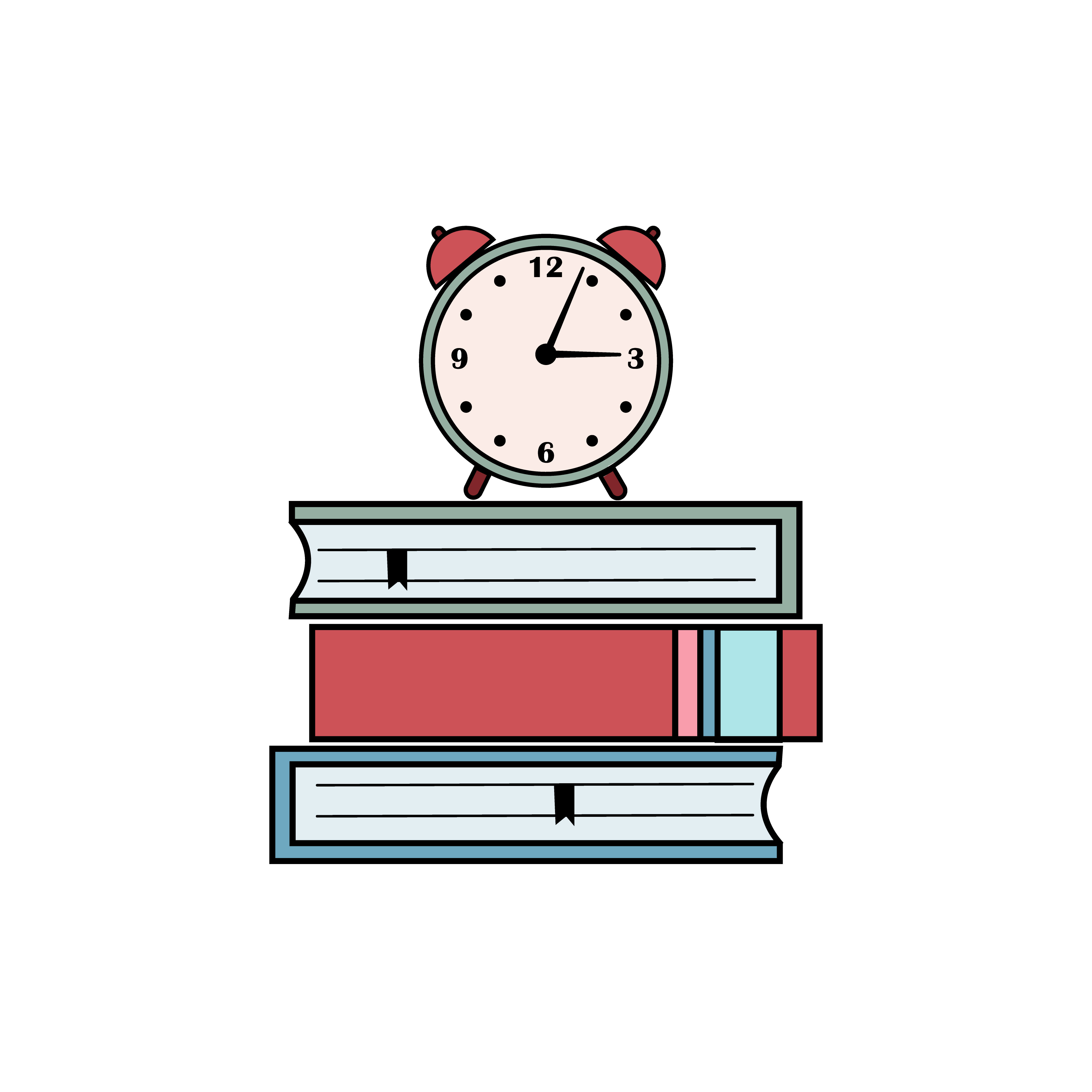 Flat style illustration the clock stands on the books, time to read