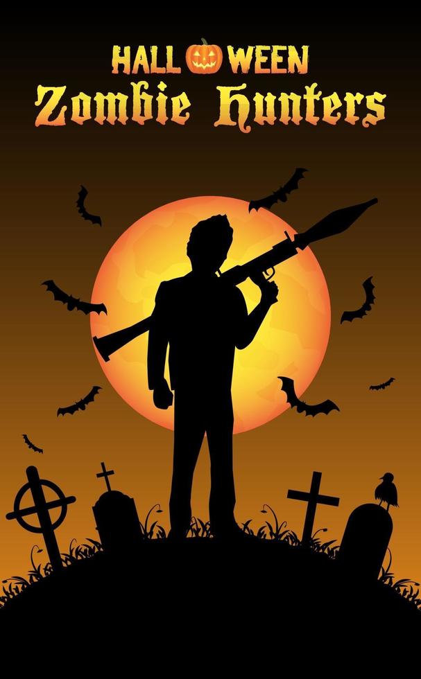 cazador de zombies de halloween con cohete rpg en el cementerio vector