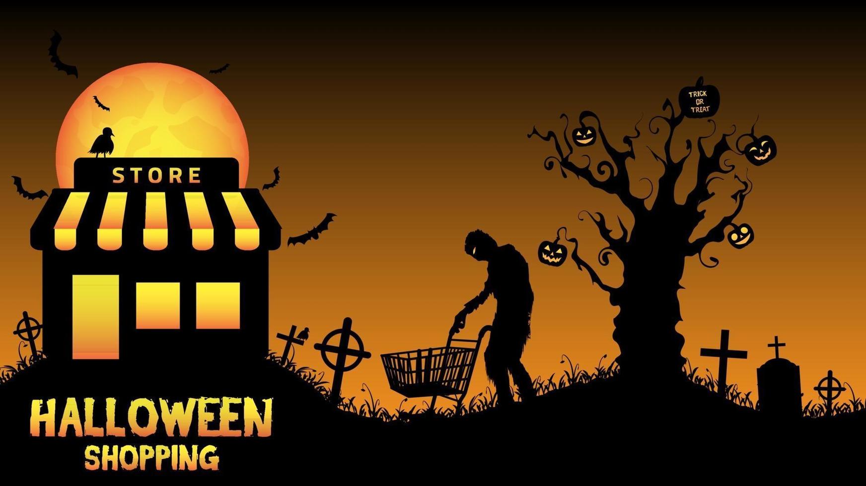 tienda de halloween tienda en un cementerio vector