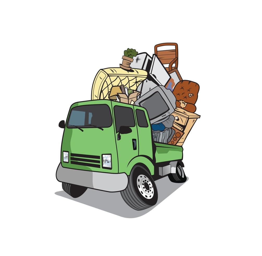 Cartoon pickup truck loaded full of household junk design vector