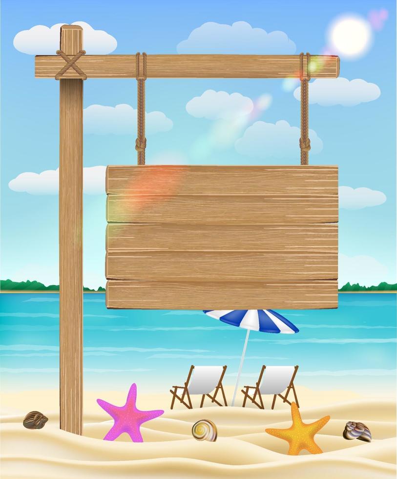 hang wood board sign on sea beach with relax chair vector