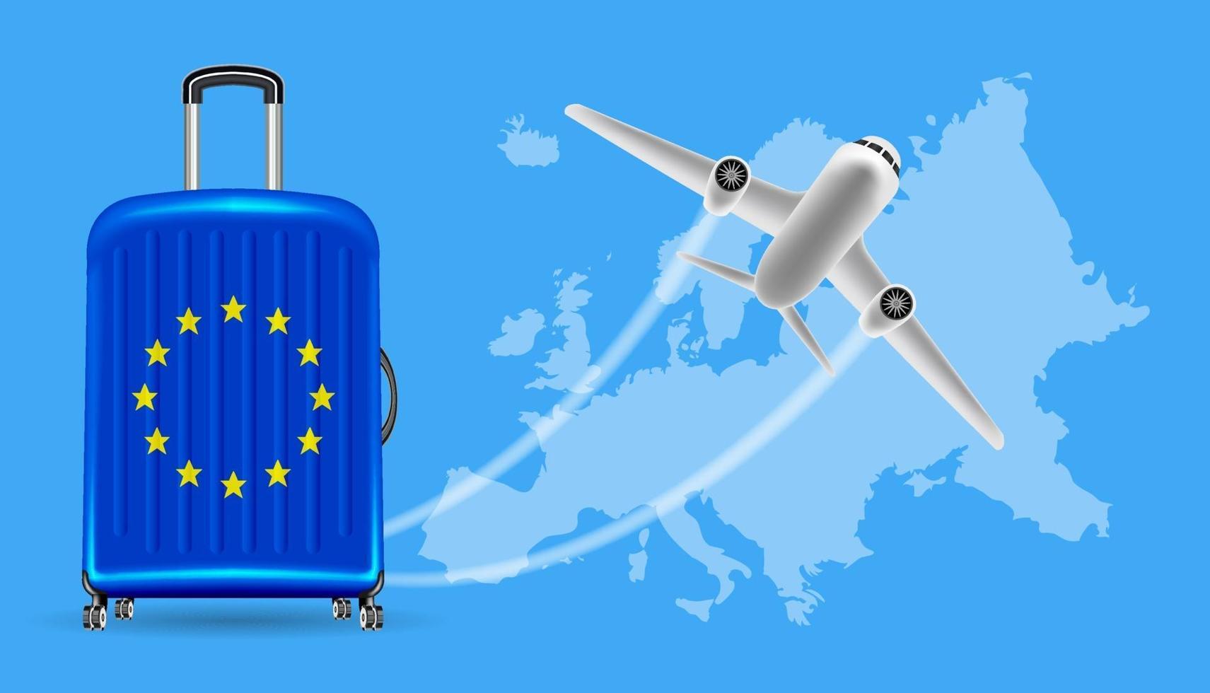 Viajar en avión Europa con equipaje en el mapa del mundo vector