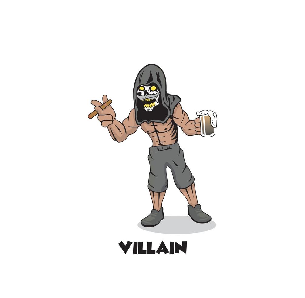 villano de calavera fumando y bebiendo diseño de personaje de dibujos animados vector