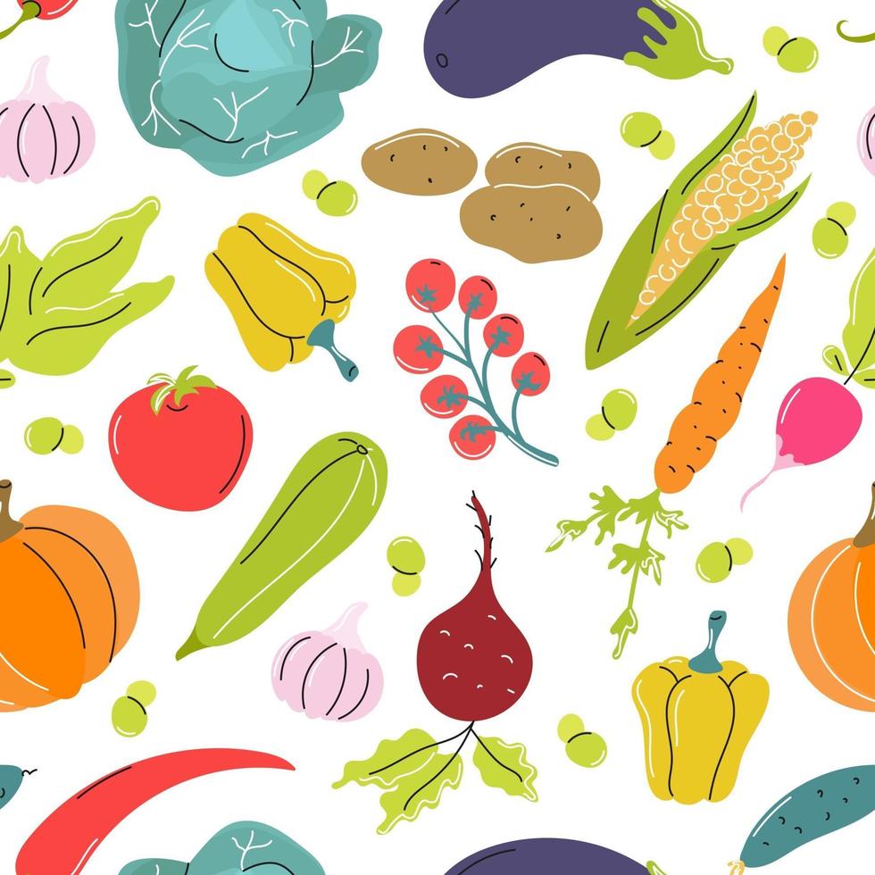 verduras crudas, repollo, zanahorias, tomates, remolachas sobre un fondo blanco. vector de patrones sin fisuras en estilo plano