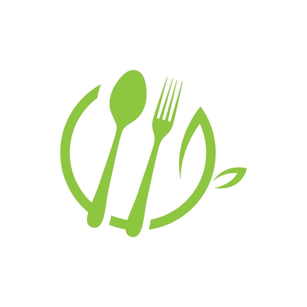 comida verde heeathy con cuchara, logo de tenedor. vector