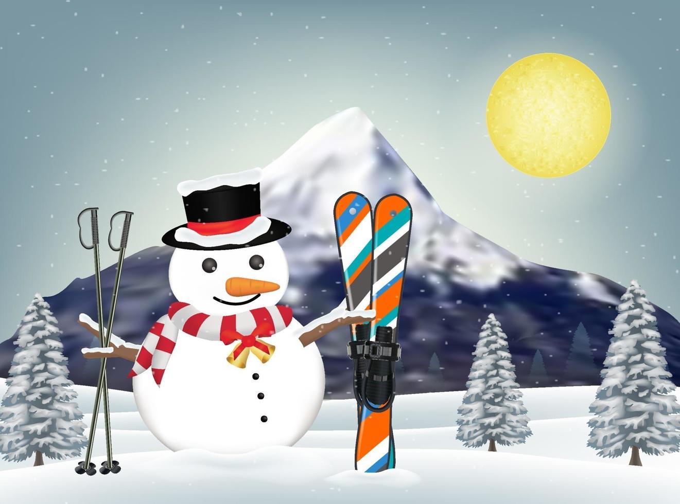muñeco de nieve y equipos de esquí en winter hill vector