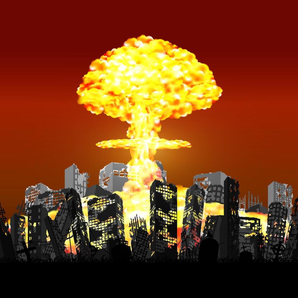 nuclear bomb exploding over ruined city building vector