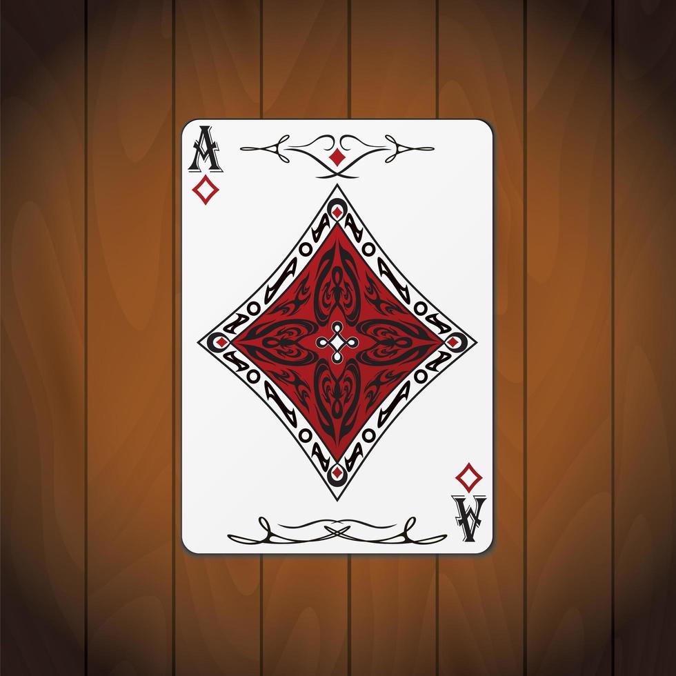 Ace of diamonds, poker card varnished wood background vector