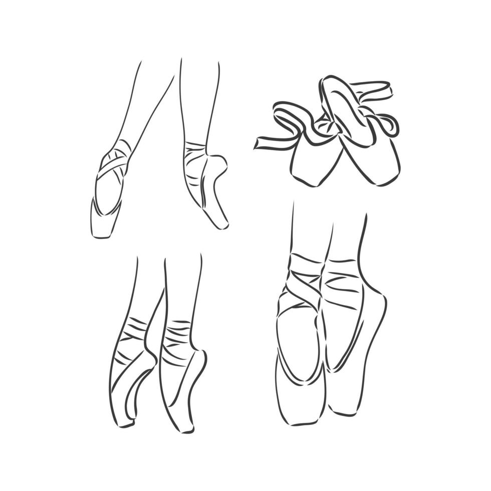 Legs and shoes of a young ballerina. Vector Image. pointe shoes vector sketch on a white background