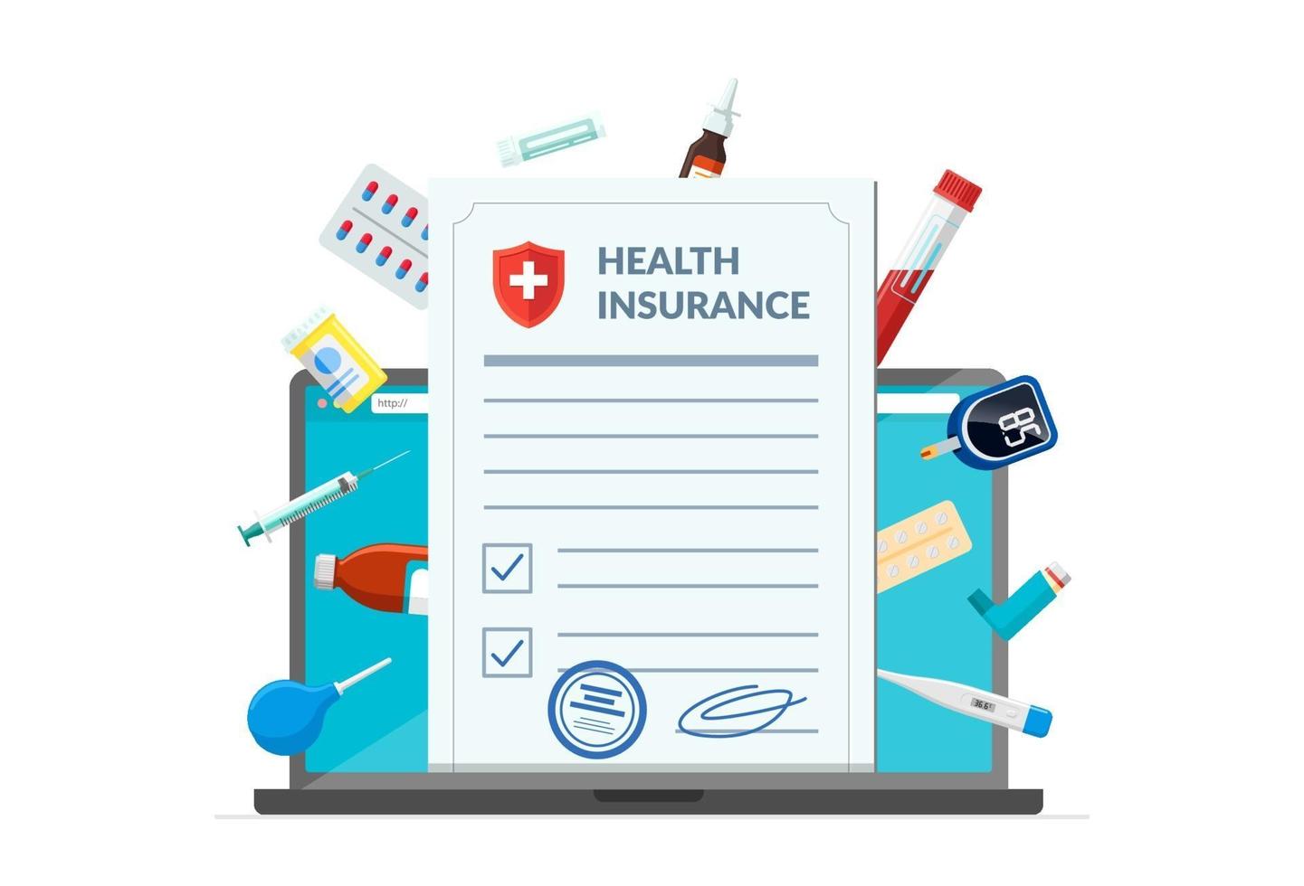 Health insurance policy with medical supplies medicine drugs pills tablets on laptop screen. Online healthcare service and pharmacy medications concept modern flat design concept vector illustration