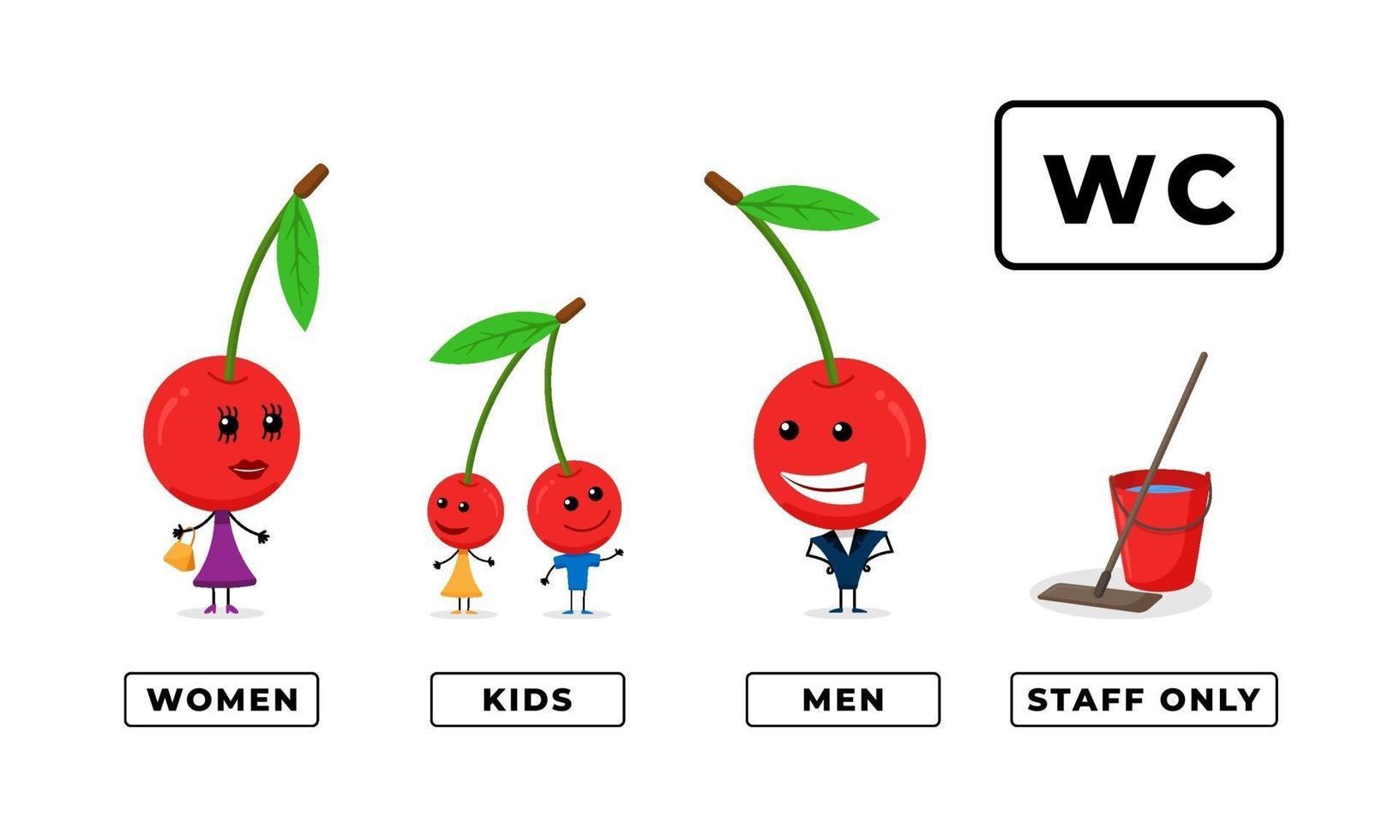 Happy family cartoon cherry character for toilet door sign set. WC men and women icon. Water closet washroom symbol kids and staff only bucket and mop. Vector restroom plate illustration