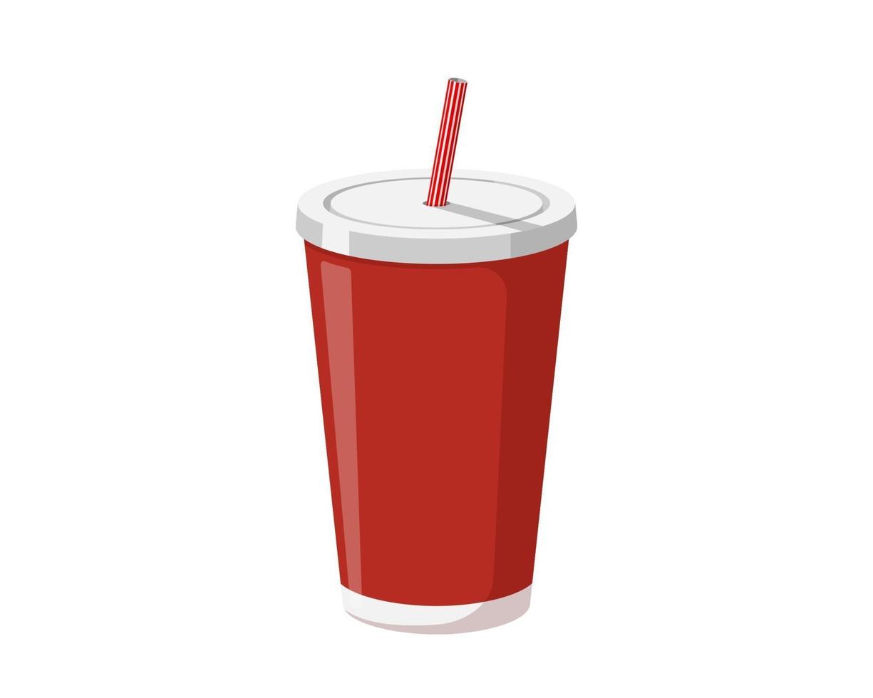 Red disposable paper or plastic beverage cup packaging template with drinking straw for soda or fresh juice cocktail. Vector eps illustration isolated on white background