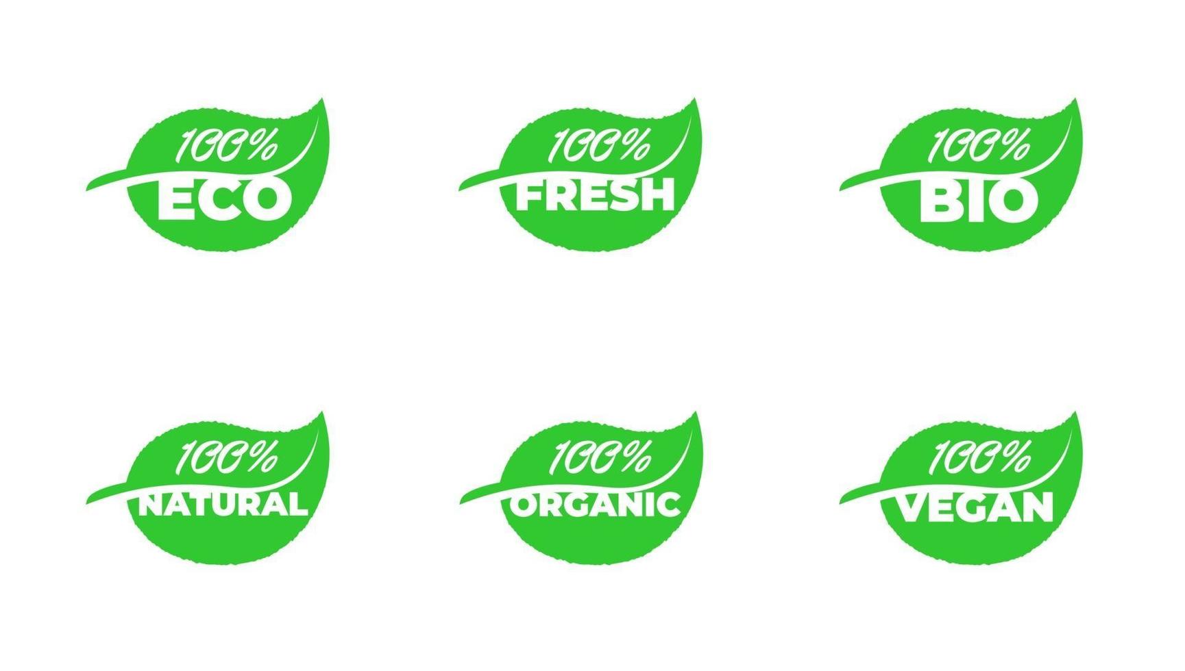 Colección de insignias de productos de hoja de grean vegana orgánica natural ecológica fresca 100% certificada de calidad. Vector conjunto de etiquetas de plantas de ecología saludable ilustración eps aislada