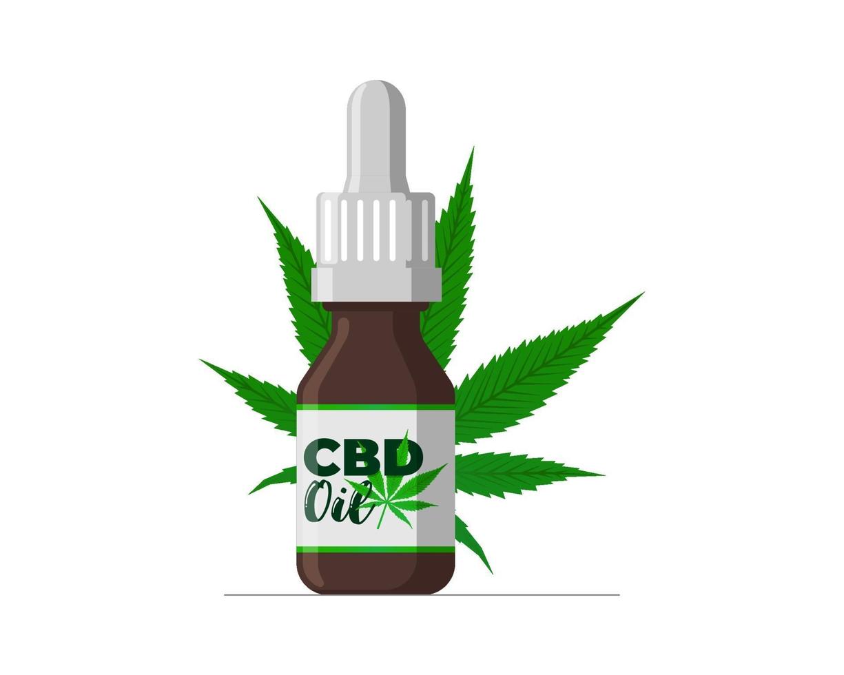CBD hemp oil of medical cannabis extract in brown glass bottle. Marijuana leaf icon product jar label design template. Isolated flat vector illustration
