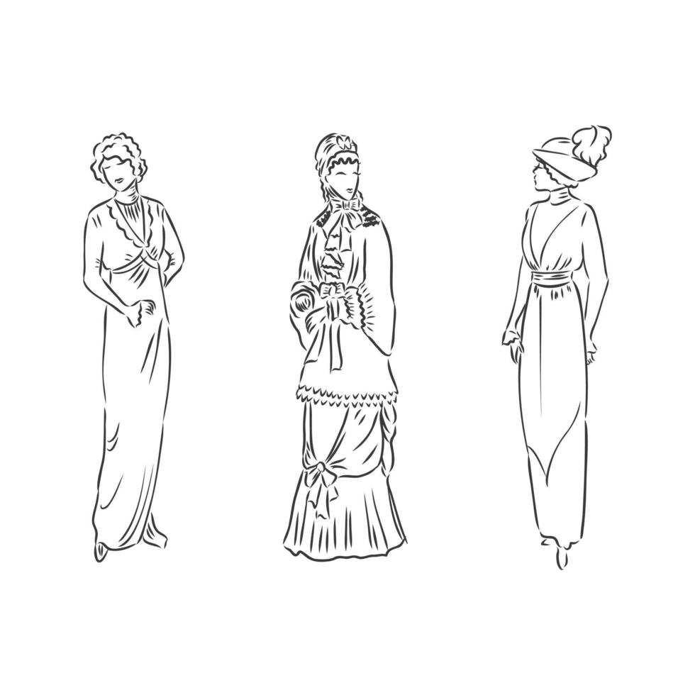 Antique dressed lady. Old fashion vector illustration. Victorian woman in historical dress. Vintage stylized drawing, retro woodcut style. retro dress, vector sketch on white background