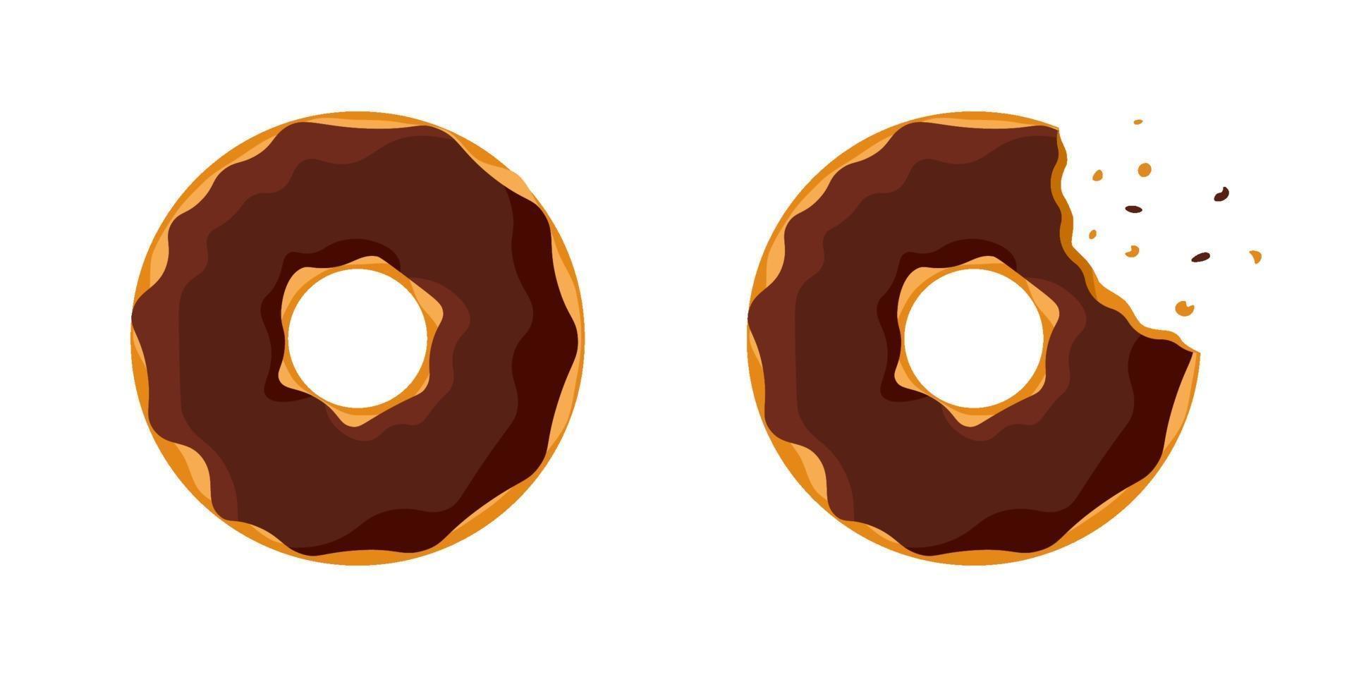 caricatura, colorido, sabroso, rosquilla, entero, y, mordido, conjunto, aislado, blanco, fondo. Vista superior de donut glaseado con chocolate para decoración de cafetería o diseño de menú. ilustración vectorial eps plana vector