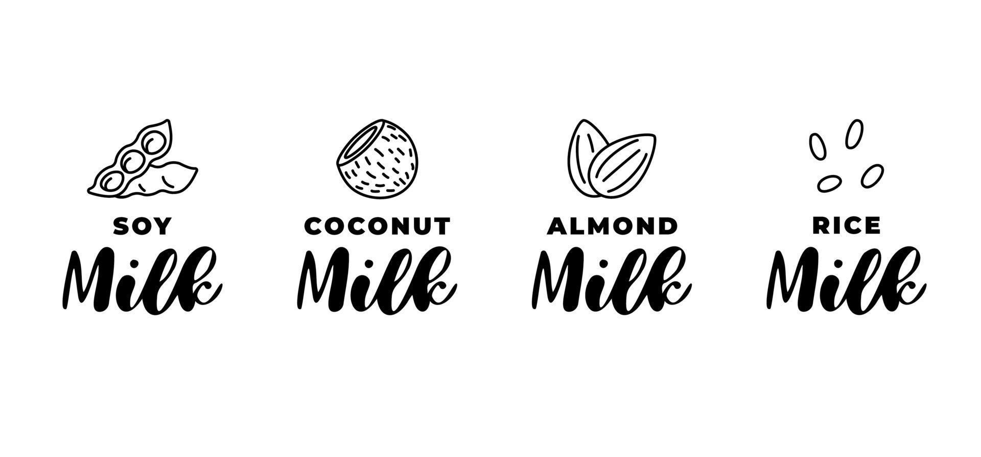 Soy, almond, coconut and rice milk logo set. Packaging linear badge design element set. Hand drawn healthy vegan drinks isolated logotype collection vector illustration