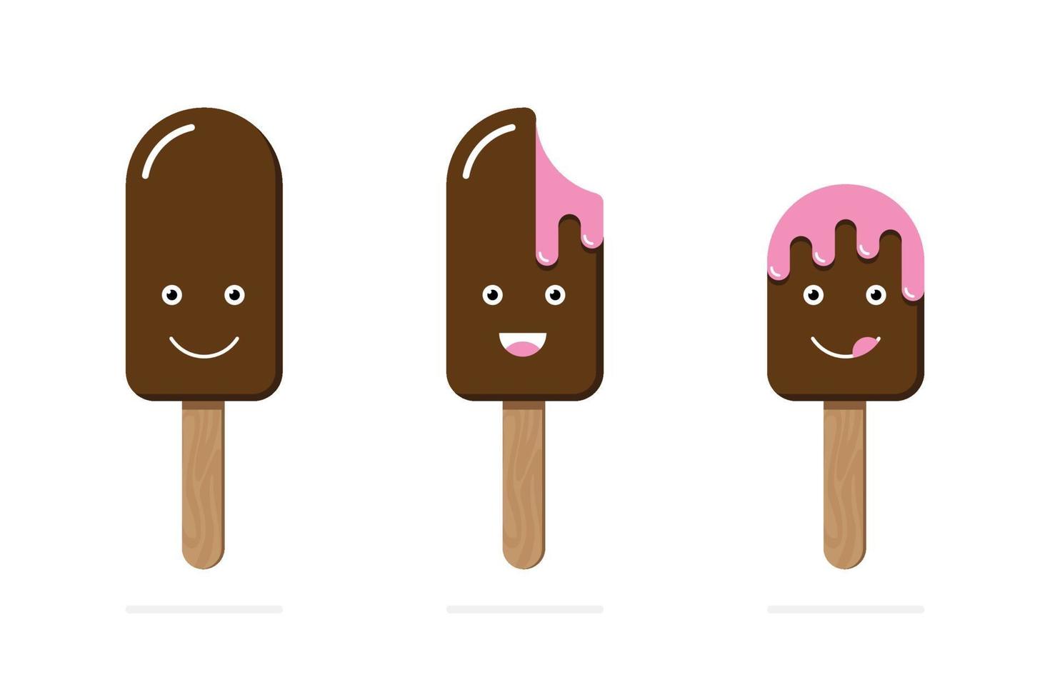 Ice cream on wooden stick chocolate glaze pink filling different emotion face emoji set smile funny laugh licking lips melting. Vector illustration cartoon style white background