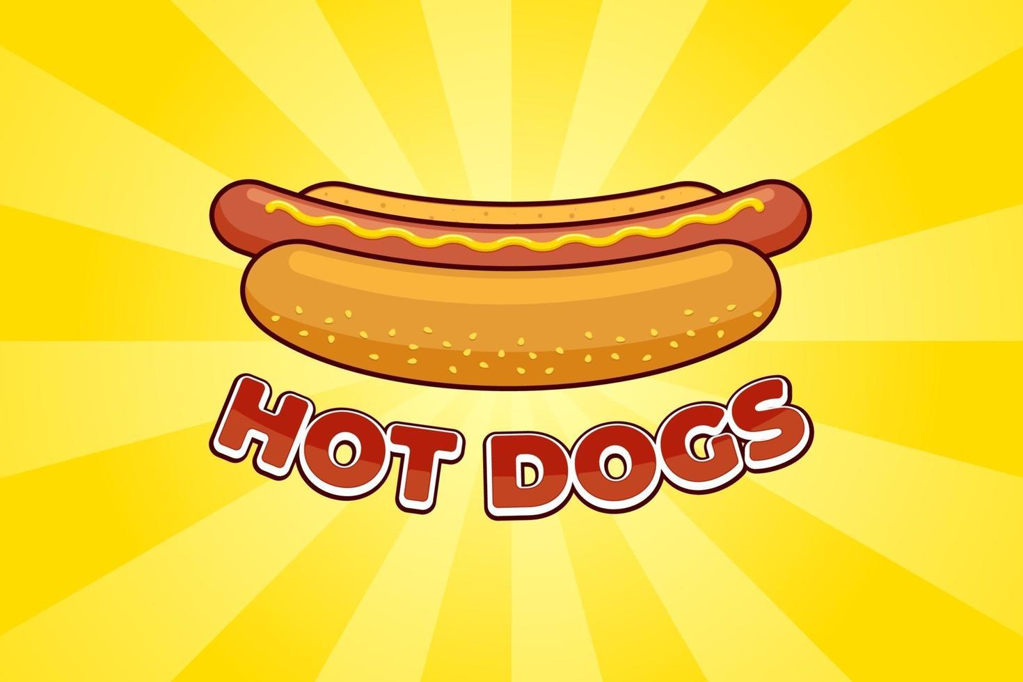 Cartoon fast food meal hot dog with inscription restaurant advertising poster design template. Hotdog sausage in bread with mustard flat vector promo illustration on yellow rays