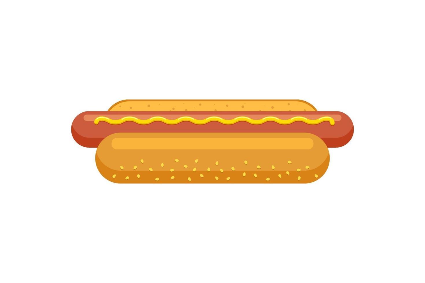 Cartoon fast food hotdog. Hot dog sausage in bread with mustard isolated flat vector illustration