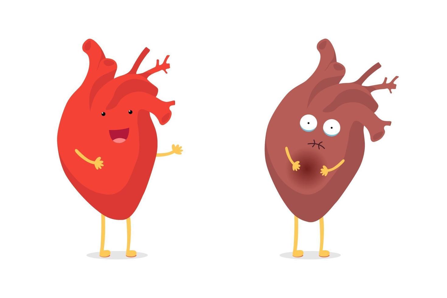 triste enfermo insalubre vs sano fuerte feliz sonriente lindo personaje de corazón. órgano interno humano de dibujos animados divertidos anatómicos médicos. ilustración vectorial eps plana vector