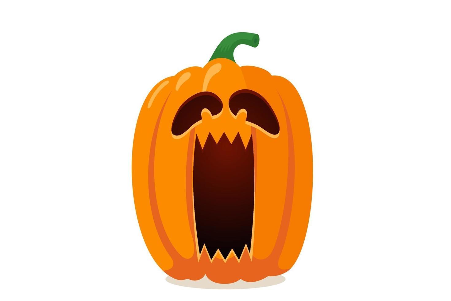 Scary spooky pumpkin jack o lantern with creepy ghost fear screaming ghost face. Traditional happy halloween holiday celebration horror decoration evil symbol. Flat vector illustration isolated