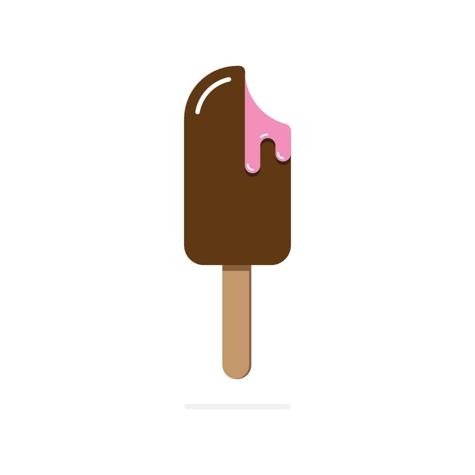 Ice cream on stick chocolate icing pink stuffing bitten vector illustration cartoon style white background