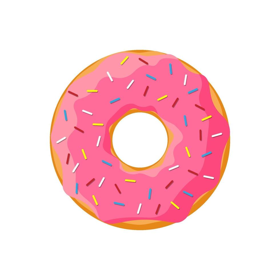 Cartoon colorful tasty donut isolated on white background. Glazed doughnut top view for cake cafe decoration or menu design. Vector flat illustration