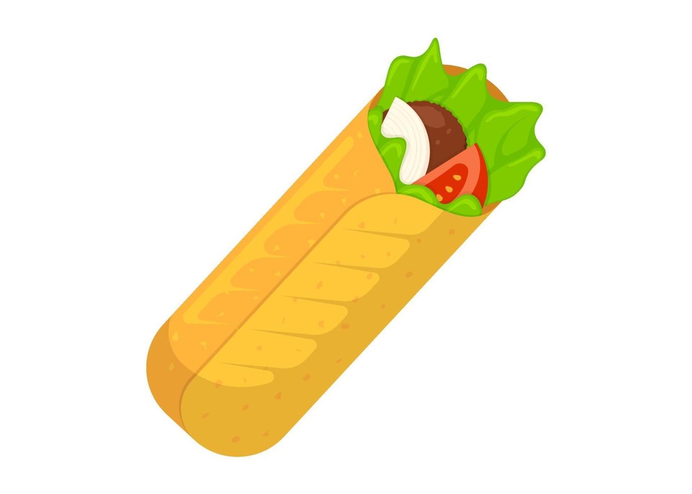 Shawarma fast food meat roll. Arabic eastern toasty doner kebab meal. Cartoon shaurma or burrito flat vector illustration