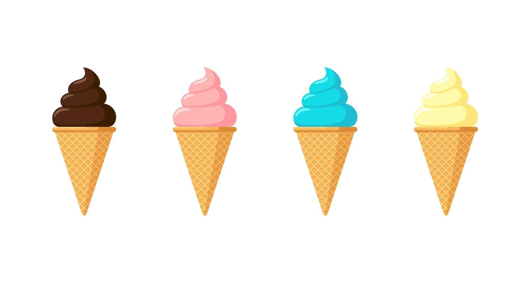 Delicious multicolor ice cream in waffle cone set. Vanilla chocolate and pistachio strawberry taste isolated ice-cream on white background. Cute flat cartoon style illustration for product design vector