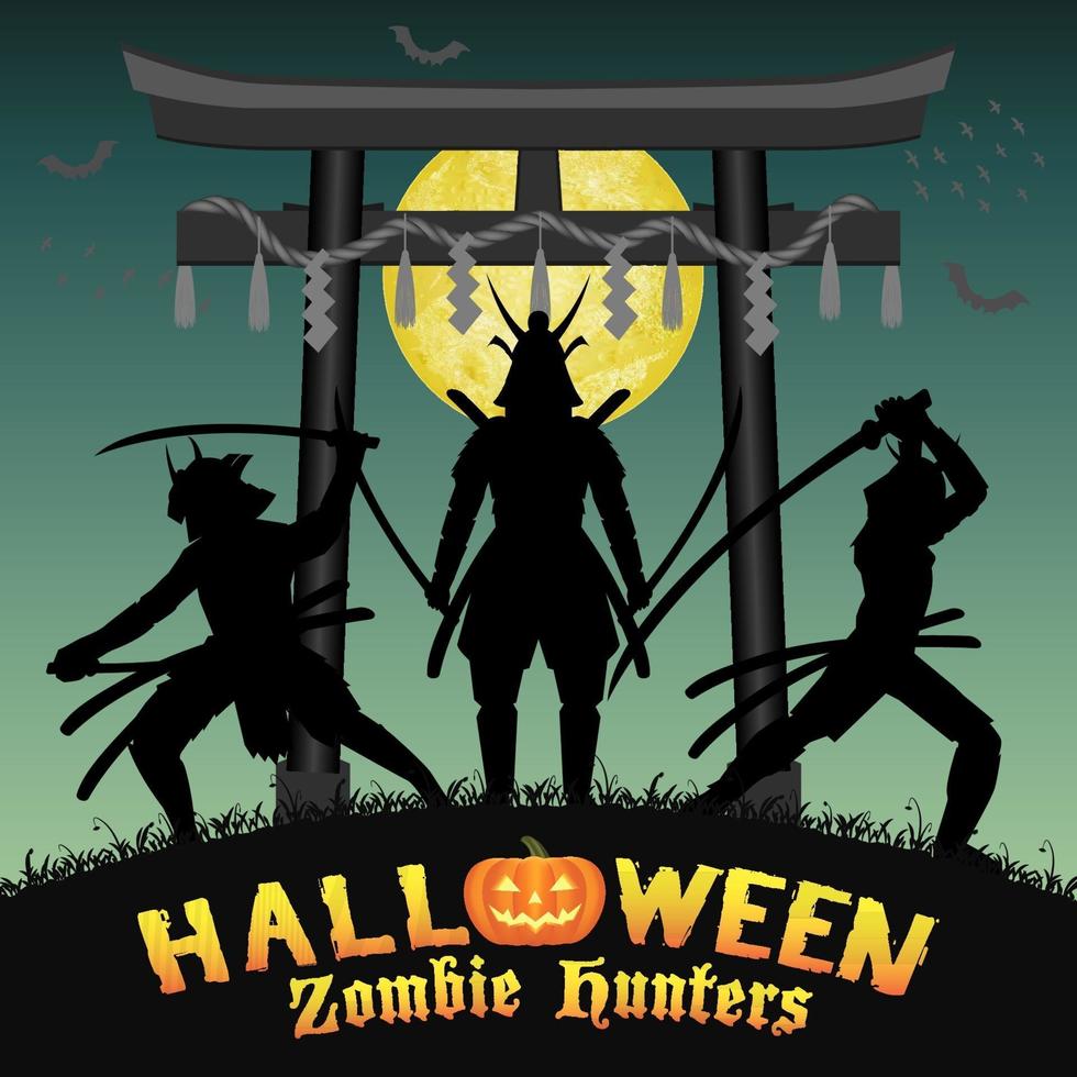 cazador de zombies samuráis con puerta de templo de estilo japonés vector