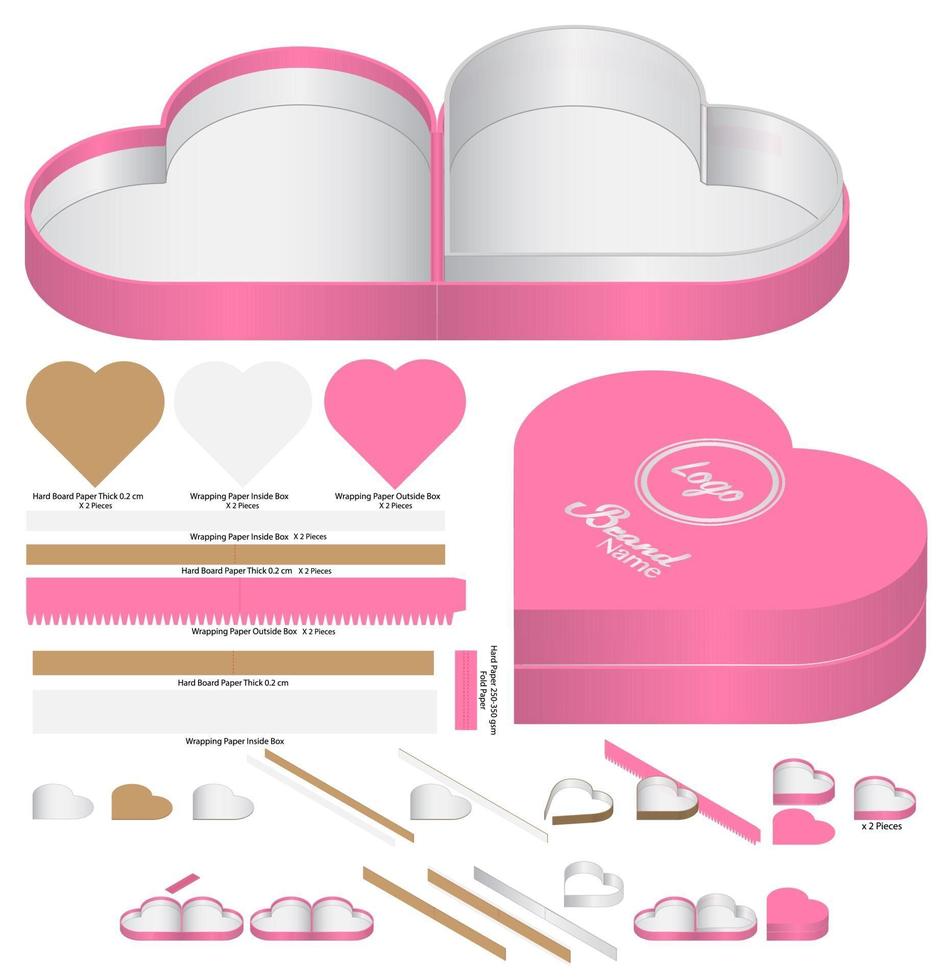 Heart Shape Box packaging die cut template design. 3d mock-up vector