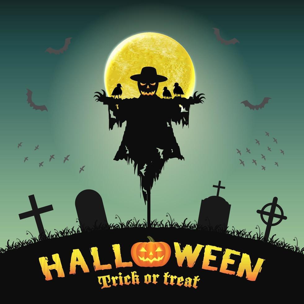 halloween silhouette scarecrow in night graveyard vector