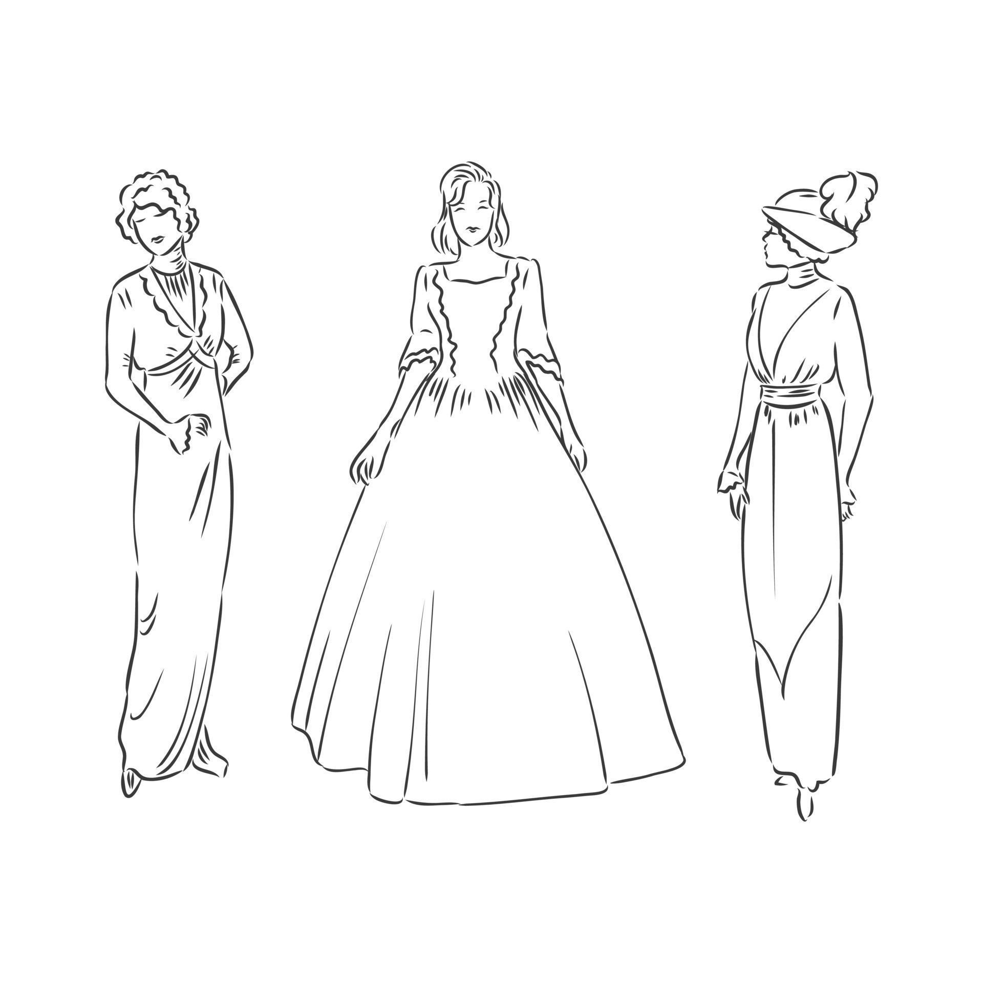 Antique dressed lady. Old fashion vector illustration. Victorian woman