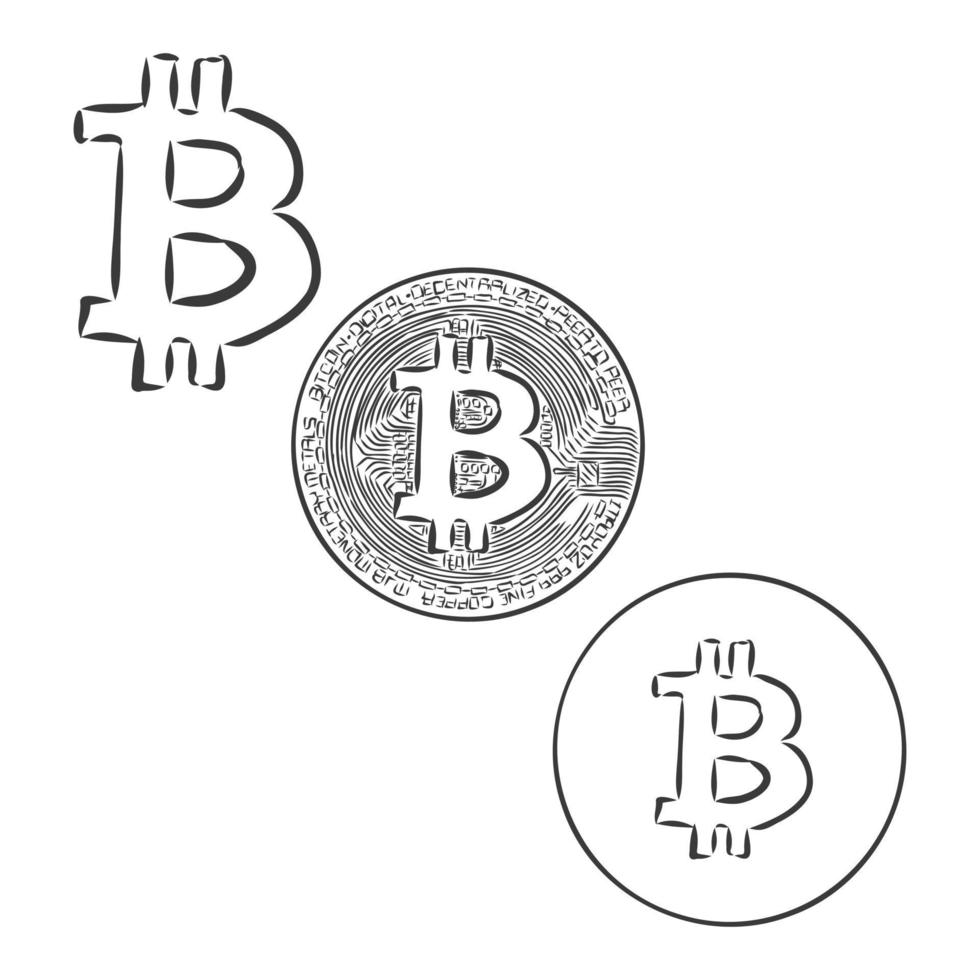 bosquejo de bitcoin aislado. moneda de bits físicos. moneda digital. criptomoneda. mano dibujar bitcoin. stock vector illustration.bitcoin dibujo vectorial sobre un fondo blanco.