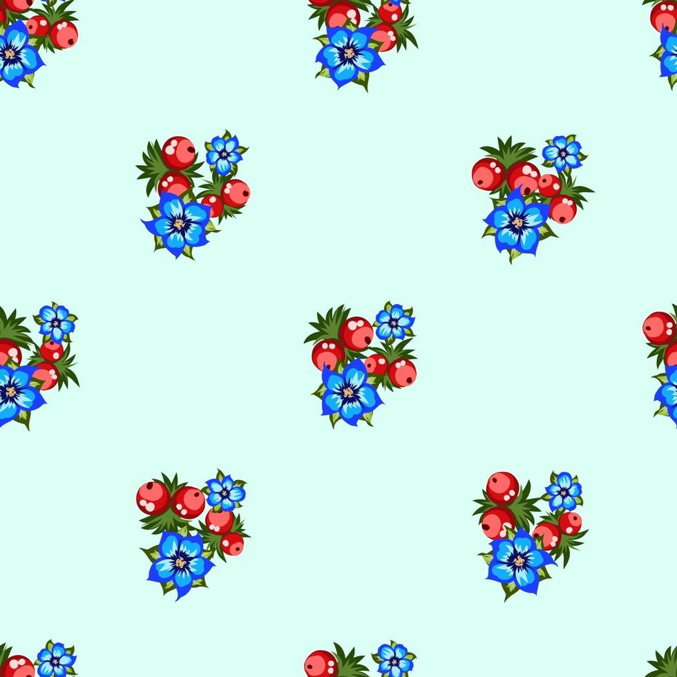 Seamless pattern of berries, flowers . Hand drawn floral ornament. Design for textile, paper, packaging, bedding from colorful doodle elements in folk style. flowers and berries in a rustic style vector