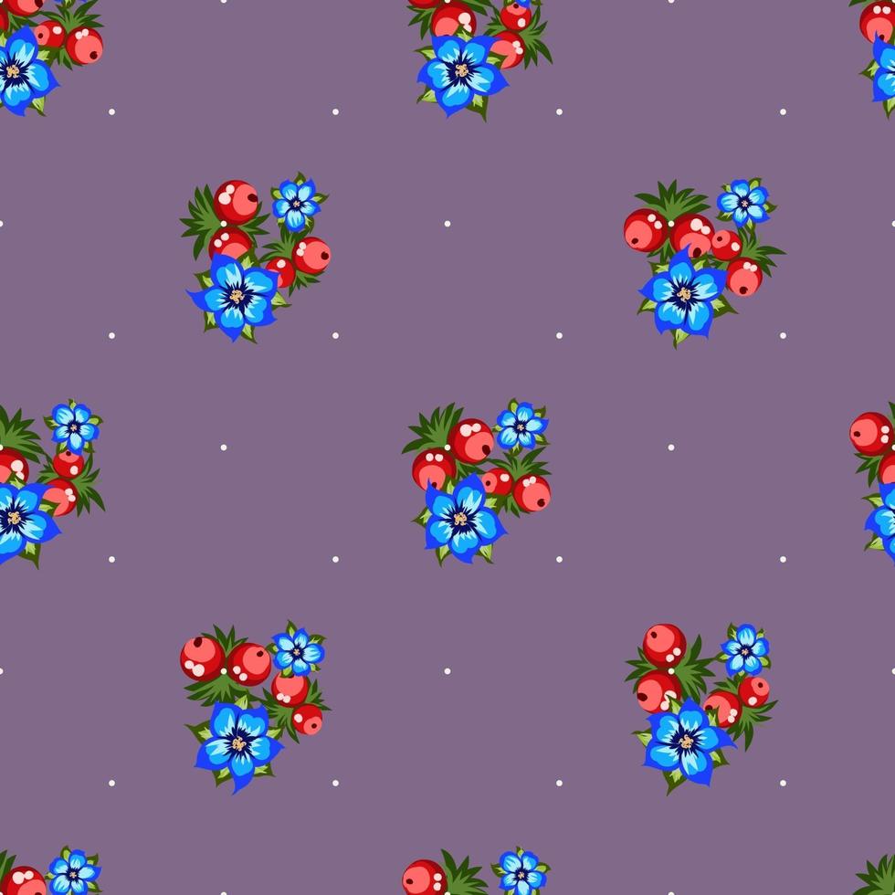 Seamless pattern of berries, flowers . Hand drawn floral ornament. Design for textile, paper, packaging, bedding from colorful doodle elements in folk style. flowers and berries in a rustic style vector