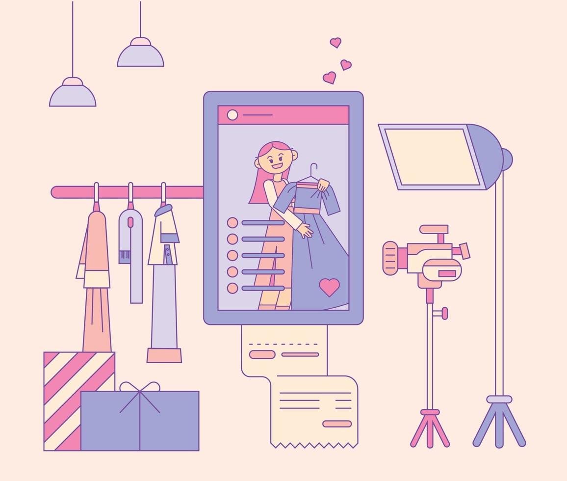 Fashion studio with camera and lights. Social media mobile screen of a girl. flat design style minimal vector illustration.