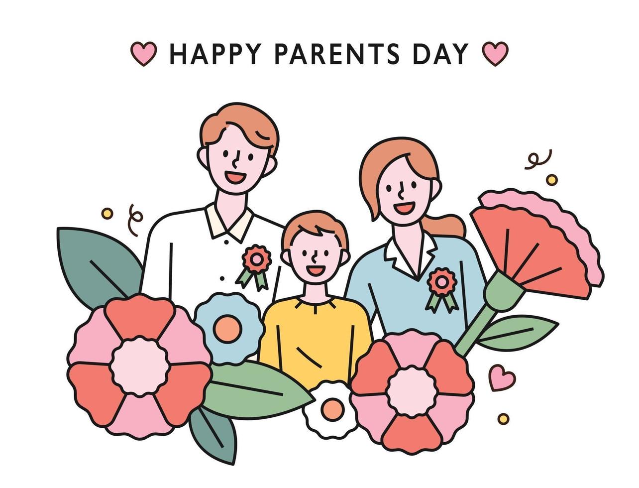 familias con una sonrisa feliz. flores brotaban alrededor. Ilustración de vector mínimo de estilo de diseño plano.