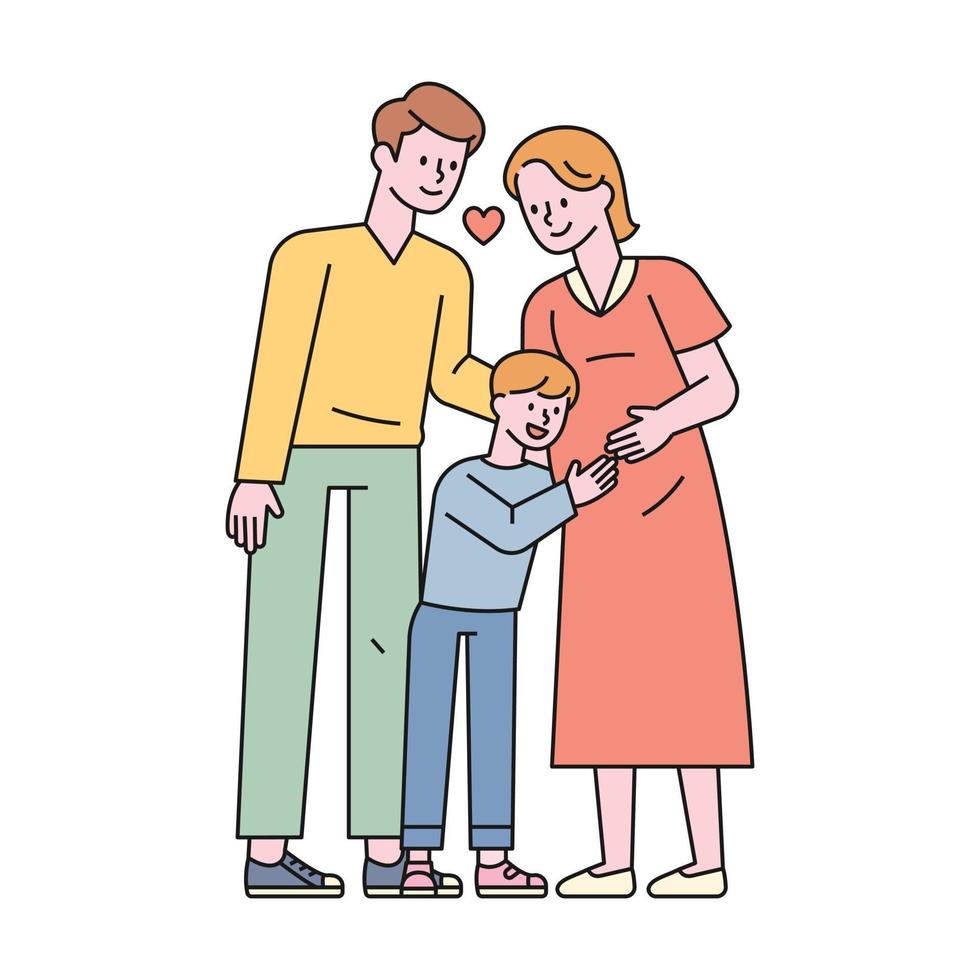 The son is hugging the pregnant mother's belly, and the dad and mother are smiling happily. flat design style minimal vector illustration.