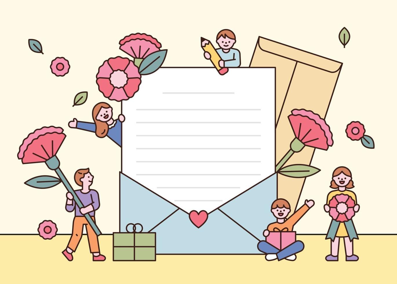 There are large stationery and cute people holding flowers around. flat design style minimal vector illustration.