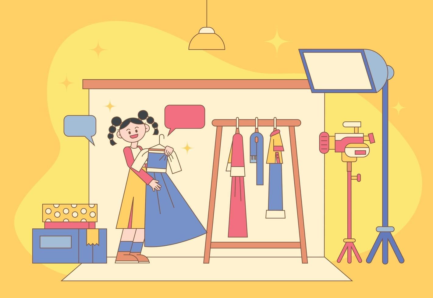 una niña le está explicando al vestido. estudio de influencer de moda. Ilustración de vector mínimo de estilo de diseño plano.